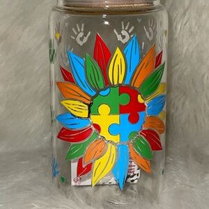 Colorful Sunflower Puzzle Art Glass cup with straw